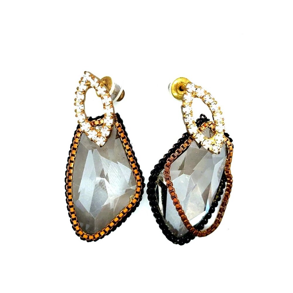 Large Black Stone Chain Crystals Earrings